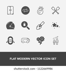 Modern, simple vector icon set with construction, flower, shovel, clothes, highway, helmet, equipment, star, furniture, temperature, cupboard, sailboat, motorbike, move, interior, motorcycle icons