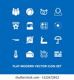 Modern, simple vector icon set on blue background with treadmill, cone, bed, team, center, food, wash, rain, sport, medal, umbrella, dont, kitchen, game, communication, service, layout, envelope icons