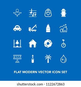 Modern, simple vector icon set on blue background with road, object, business, abstract, leather, house, hydrant, liquid, fashion, bike, rain, dessert, department, doughnut, fire, research,  icons
