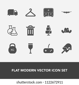 Modern, simple vector icon set with technology, drink, dessert, cream, medicine, waste, drawer, headwear, glass, clothing, heavy, trash, service, shipping, box, game, doughnut, food, accessory icons