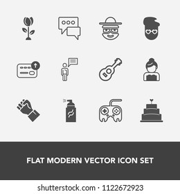 Modern, simple vector icon set with character, street, wedding, chat, bubble, musical, paint, nature, sweet, happy, music, groom, cartoon, hipster, person, communication, guitar, arrow, currency icons