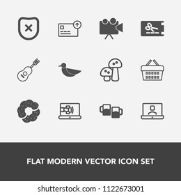 Modern, simple vector icon set with finance, nature, security, bird, dessert, money, beer, white, sound, food, safety, screen, equipment, protection, cake, edible, drink, video, bar, concert icons