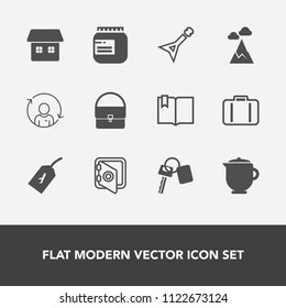 Modern, simple vector icon set with baggage, person, bag, sky, fashion, white, jar, banking, nature, auto, flight, house, luggage, safety, mountain, music, food, airport, bank, open, musical icons