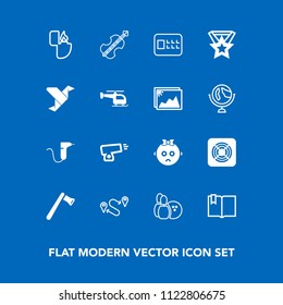 Modern, Simple Vector Icon Set On Blue Background With Cute, Clinic, Sport, Map, Weapon, Kid, Baby, Fire, Medical, Object, Cello, Drill, Security, Military, Musical, Travel, Child, Game, Pin Icons