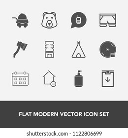 Modern, simple vector icon set with nature, wild, animal, cold, travel, telephone, adventure, call, cooler, dvd, clean, tool, hotel, outdoor, soap, disc, apartment, white, sign, room, house, bed icons