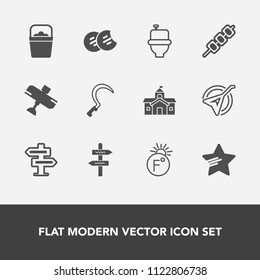 Modern, simple vector icon set with airplane, plane, sweet, star, musical, water, dessert, music, snack, door, government, toilet, gardening, building, temperature, direction, fahrenheit, garden icons