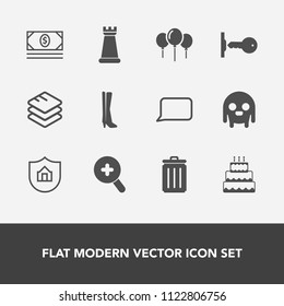 Modern, simple vector icon set with house, king, dessert, protect, data, information, speech, coin, zoom, decoration, cash, celebration, birthday, fiction, footwear, bank, chess, sweet, property icons