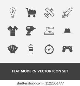 Modern, simple vector icon set with hat, travel, equipment, play, location, aircraft, map, nature, plane, people, space, housework, game, shell, iron, japanese, clothes, kimono, cart, joystick icons