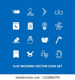 Modern, simple vector icon set on blue background with wildlife, furniture, stationery, laboratory, right, online, education, animal, baby, eraser, stamp, business, horse, paper, wrench, erase icons