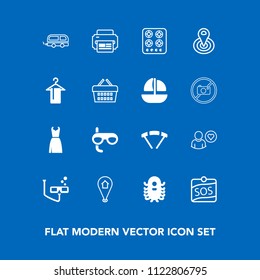 Modern, simple vector icon set on blue background with jump, market, online, female, sos, map, clothing, printer, location, sport, sign, space, business, bus, pin, point, basket, mask, gas, sky icons