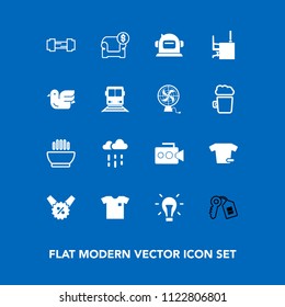 Modern, simple vector icon set on blue background with key, electricity, film, hot, equipment, camera, astronaut, clothing, sign, dinner, weather, rainy, couch, water, fashion, energy, sale, wet icons