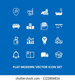 Modern, simple vector icon set on blue background with purse, guitar, new, bulldozer, mask, click, graph, alarm, musical, book, unpacking, dollar, restaurant, business, snorkel, bathroom, chart icons