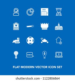 Modern, simple vector icon set on blue background with presentation, money, garden, computer, elevator, industry, casino, extreme, call, office, pin, sign, headset, construction, lawn, house icons