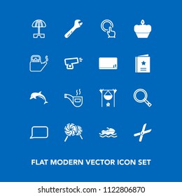 Modern, simple vector icon set on blue background with sweet, candy, umbrella, flame, classic, summer, touch, finger, dolphin, bubble, lollipop, search, sea, boat, ocean, tobacco, pipe, spanner icons