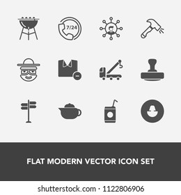 Modern, simple vector icon set with support, human, screen, help, stamp, grill, male, accident, cartoon, meat, beverage, car, truck, communication, direction, liquid, white, happy, mark, glass icons