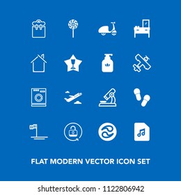 Modern, simple vector icon set on blue background with food, flight, bicycle, unlock, open, lollipop, washer, housework, mon, science, people, security, protection, footwear, kamon, slipper icons