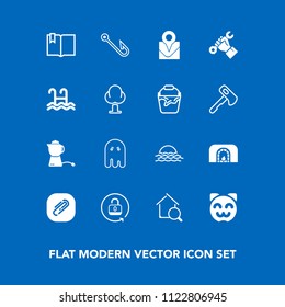 Modern, simple vector icon set on blue background with christmas, clip, open, hook, teapot, ghost, security, fishing, hot, morning, scary, breakfast, real, warm, horror, click, sunrise, estate icons