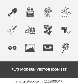 Modern, simple vector icon set with music, photo, white, business, sunglasses, hairdryer, nature, tape, modern, hippie, style, glasses, flower, team, care, guitar, image, sweet, tripod, hair icons