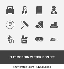 Modern, simple vector icon set with map, sea, male, geography, library, education, summer, iron, modern, automotive, kitchen, travel, bag, man, snorkel, work, person, atlas, paint, cooking, kite icons