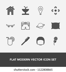 Modern, simple vector icon set with summer, worker, helmet, glass, audio, music, water, skate, planet, astronomy, architecture, belt, orbit, template, extreme, soft, work, art, fountain, sound icons