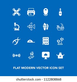 Modern, simple vector icon set on blue background with research, sign, house, microscope, clothing, camera, black, brush, equipment, technology, clinic, fashion, tie, dentist, elegance, cap, bow icons
