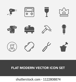 Modern, simple vector icon set with voice, web, phone, drink, dinner, arrow, sandbox, crown, spoon, equipment, extreme, shovel, board, skateboard, red, heater, karaoke, knife, hairdryer, song icons