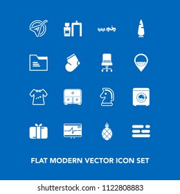 Modern, simple vector icon set on blue background with carrot, layout, wash, heart, present, kid, musical, shipping, horse, fruit, baby, health, fresh, clothing, tropical, strategy, instrument icons