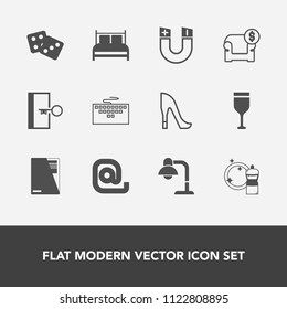 Modern, simple vector icon set with shoe, bed, gambling, drink, dice, message, home, glass, decoration, paper, mail, bedroom, computer, communication, alcohol, equipment, science, red, style icons
