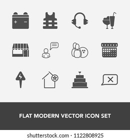 Modern, simple vector icon set with game, favorite, store, ice, timetable, pin, jacket, supermarket, calendar, cart, chat, time, cake, electricity, sweet, music, person, cream, power, customer icons