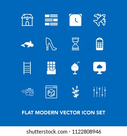 Modern, simple vector icon set on blue background with bar, harvest, watch, late, agriculture, white, ice, news, cream, online, cloud, house, time, office, home, plant, chocolate, estate, fish icons