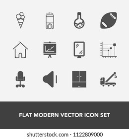 Modern, simple vector icon set with music, house, hotel, road, room, business, truck, report, volume, dessert, white, ball, chair, food, vehicle, luxury, accident, medicine, street, office, tow icons