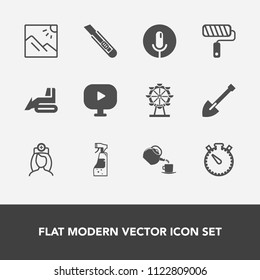 Modern, simple vector icon set with microphone, time, shovel, record, sign, media, sound, doctor, machinery, watch, care, photo, cup, carousel, picture, video, tool, equipment, brush, housework icons