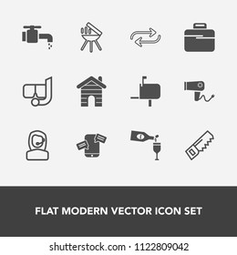 Modern, simple vector icon set with meat, faucet, water, snorkel, mobile, mail, red, building, headset, tap, grill, alcohol, glass, center, replace, post, care, dryer, saw, hammer, chat, phone icons