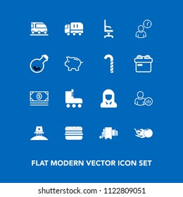 Modern, simple vector icon set on blue background with bank, chair, astronaut, social, armchair, space, leisure, van, spaceship, comfortable, money, online, face, skate, car, vehicle, cargo, fun icons