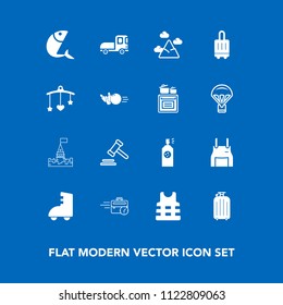 Modern, simple vector icon set on blue background with blue, white, computer, late, sky, delivery, food, lawyer, tower, justice, mountain, spray, castle, transport, pinafore, seafood, vehicle icons