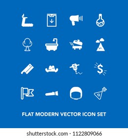 Modern, simple vector icon set on blue background with america, hat, hand, download, flashlight, worker, loudspeaker, national, belt, light, work, tool, helmet, dollar, string, medicine, torch icons