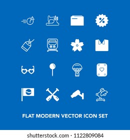 Modern, simple vector icon set on blue background with drop, surveillance, extreme, sky, late, canoe, sew, camera, man, water, machine, safety, interior, oar, play, document, game, boat, office icons