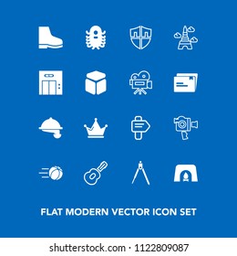 Modern, simple vector icon set on blue background with fashion, home, queen, video, handle, ball, service, monster, crown, royal, waitress, guitar, security, music, camera, space, equipment, ufo icons