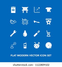 Modern, simple vector icon set on blue background with drink, hammer, light, power, cancel, phone, pan, idea, travel, web, cooking, shipping, tool, vintage, chair, equipment, white, summer, dvd icons