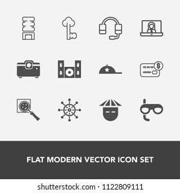 Modern, simple vector icon set with cap, find, fashion, chinese, video, scuba, bank, ship, asian, magnifier, microphone, cooler, wheel, credit, clothing, cold, old, support, cinema, nautical icons