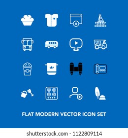 Modern, simple vector icon set on blue background with web, kitchen, phone, cake, shop, cloth, dessert, account, craft, oven, new, pen, towel, delete, page, ink, spaceship, doughnut, fashion icons