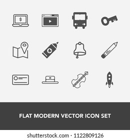 Modern, simple vector icon set with online, web, brush, hygiene, launch, head, cello, office, pc, bell, transportation, care, travel, money, bus, ring, sound, pencil, road, location, music, hat icons