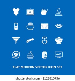 Modern, simple vector icon set on blue background with saw, healthy, doctor, ladder, clothing, coffee, conditioner, lunch, entertainment, food, kitchen, television, up, hospital, jam, dental, tv icons