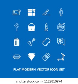 Modern, simple vector icon set on blue background with bun, diamond, box, chat, present, skater, mobile, communication, folk, extreme, play, skate, gem, gift, business, food, white, burger, can icons