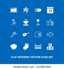 Modern, simple vector icon set on blue background with sea, clothes, nature, musical, wand, leaf, bed, empty, music, home, winter, finance, fish, switch, cradle, deactivate, magician, socks, off icons