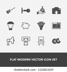 Modern, simple vector icon set with cash, sack, decoration, balloon, security, investment, air, online, atm, sweet, home, house, music, interior, upload, pink, sign, loud, photo, food, door, hot icons