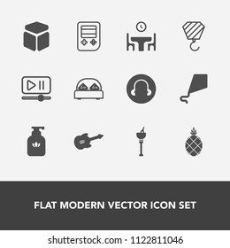 Modern, simple vector icon set with music, sky, construction, wine, bottle, kite, video, fun, hygiene, ice, drink, food, bucket, guitar, double, button, dinner, home, clean, web, furniture, soap icons