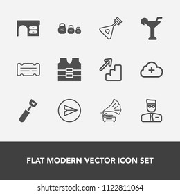 Modern, simple vector icon set with web, kitchen, white, clothing, business, work, account, kilogram, vintage, down, ticket, email, internet, musical, folk, record, upstairs, string, downstairs icons