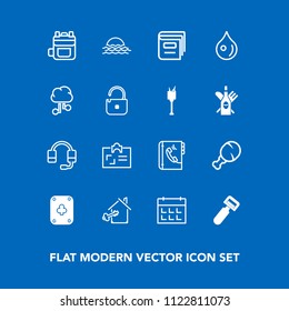 Modern, simple vector icon set on blue background with personal, sun, key, morning, bag, call, backpack, estate, business, calendar, support, sunrise, play, id, property, modern, game, fast, day icons