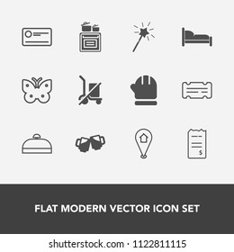 Modern, simple vector icon set with fly, drink, oven, food, pin, scarf, nature, entertainment, bedroom, warm, season, wand, cold, paper, modern, money, beer, pub, map, cooking, bag, trip, coupon icons